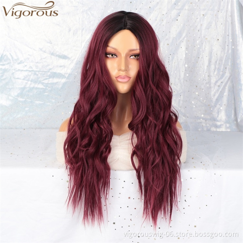Vigorous Wholesale High Temperature Ombre Red Middle Part Wig Long Natural Wave Cosplay Synthetic Wig for Women